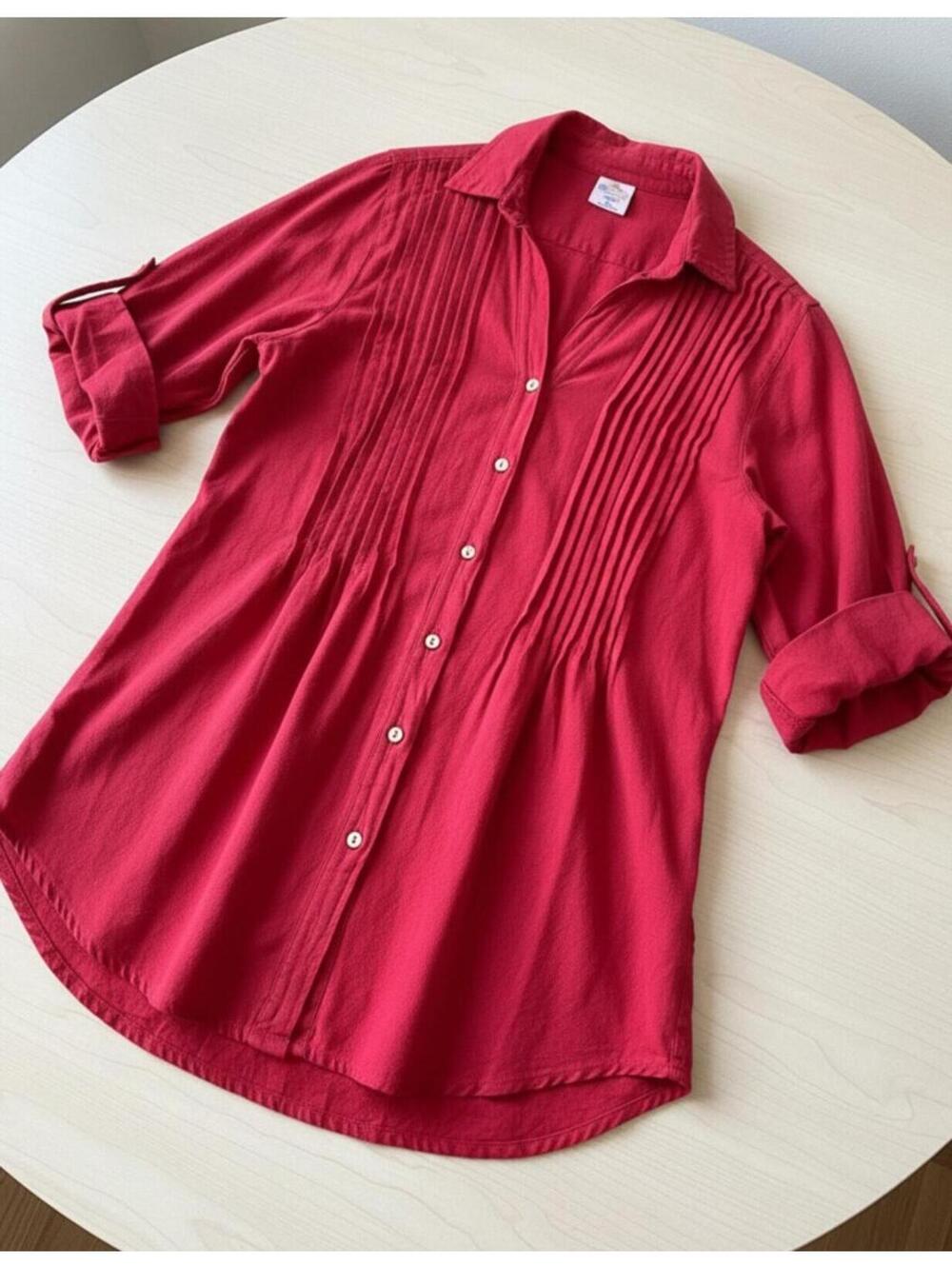 NWT Sea Breeze Womens Red Pleated Tunic Top XL Roll Sleeve Cottagecore